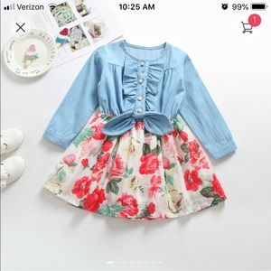 Denim Splice Floral Print Ruffled Longsleeve Dress